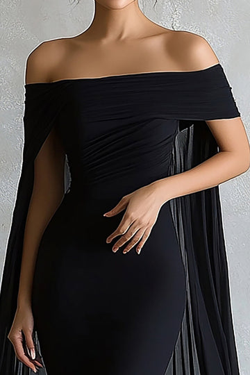 Black Satin Mermaid Off the Shoulder Long Formal Dress with Cape